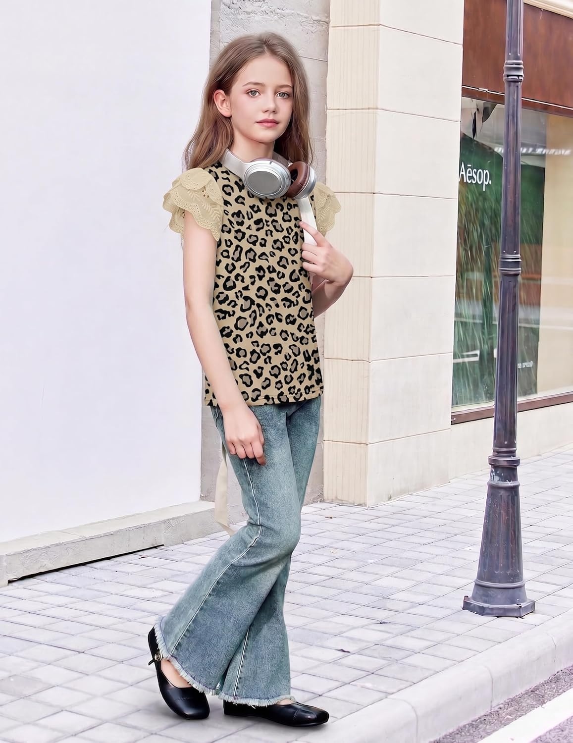 image:imageArshiner Girls T Shirts Lace Petal Short Sleeves Kids Crewneck Casual Blouse Summer Tops TeesLeopard Print