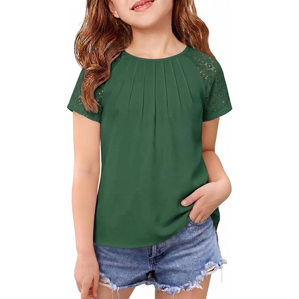 image:imageArshiner Girls Shirts Short Sleeves Lace Pleated Kids Summer Tops Casual Crewneck Blouses TeesForest Green