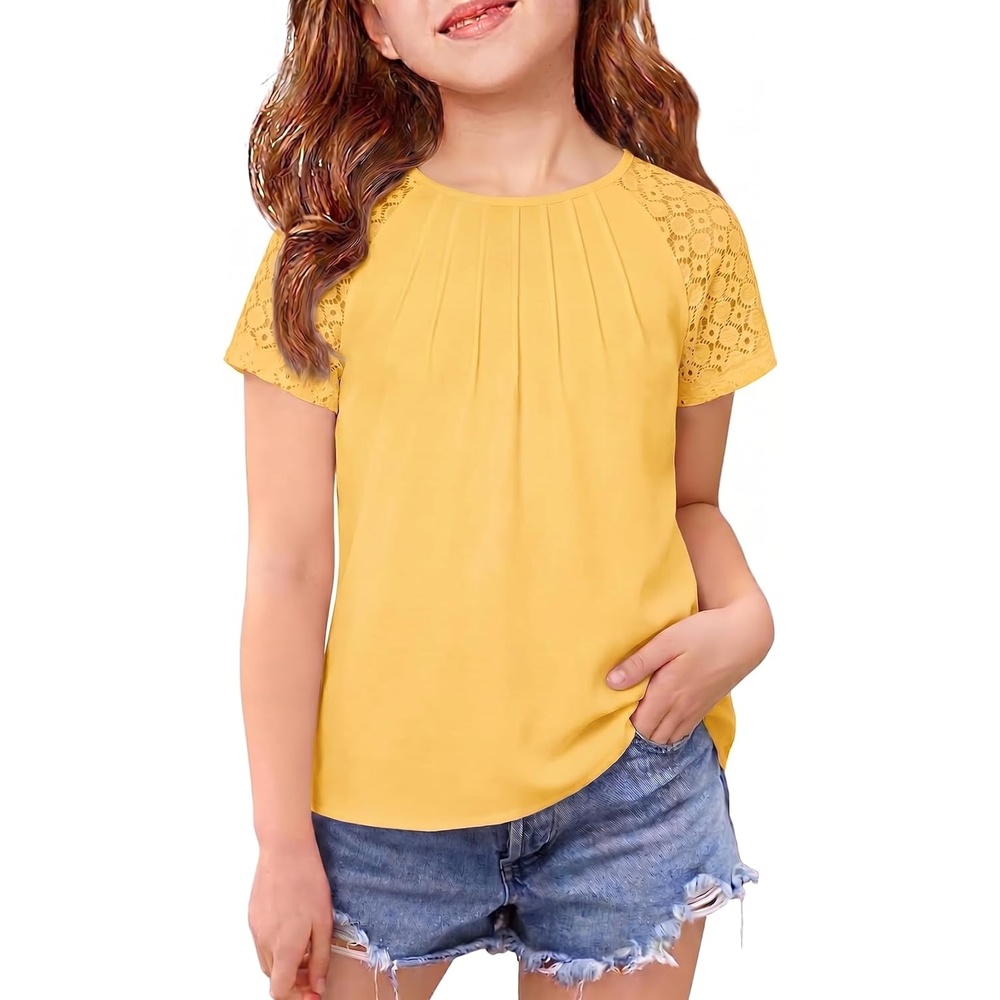 image:imageArshiner Girls Shirts Short Sleeves Lace Pleated Kids Summer Tops Casual Crewneck Blouses TeesTurmeric