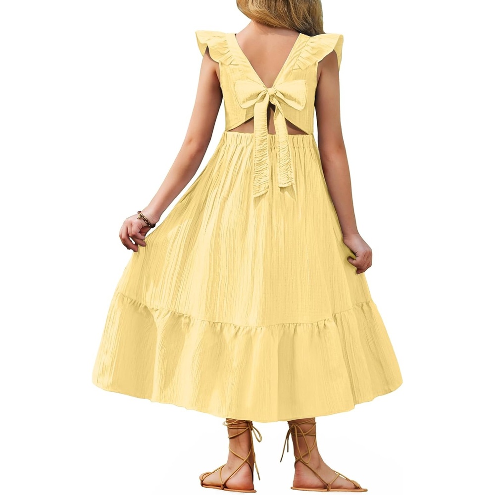 image:imageArshiner Girls Summer Tie Back Dress Tween Boho Casual Square Neck Flutter Sleeve Maxi Dresses with PocketsLight Yellow