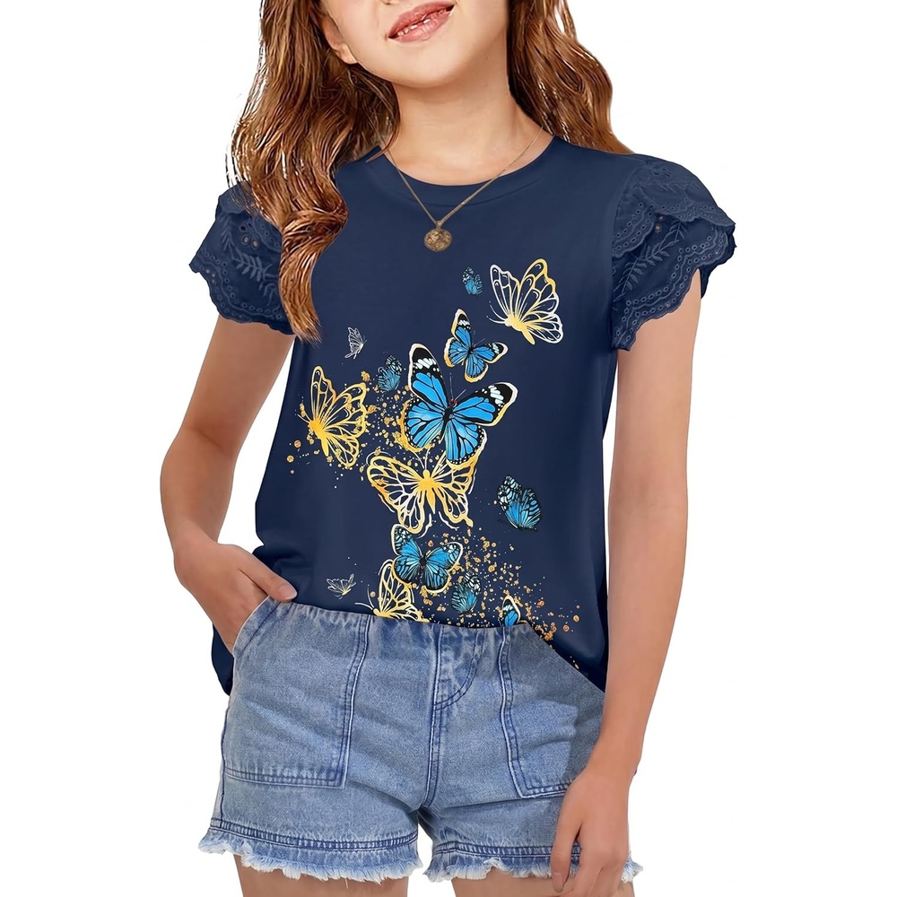 image:imageArshiner Girls T Shirts Lace Petal Short Sleeves Kids Crewneck Casual Blouse Summer Tops TeesButterflynavy Blue