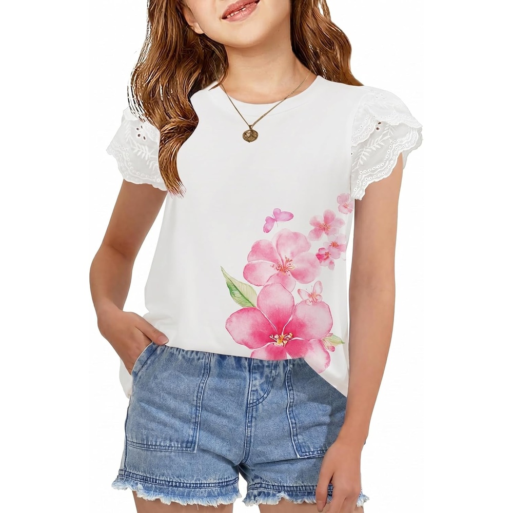 image:imageArshiner Girls T Shirts Lace Petal Short Sleeves Kids Crewneck Casual Blouse Summer Tops TeesFlowers Print