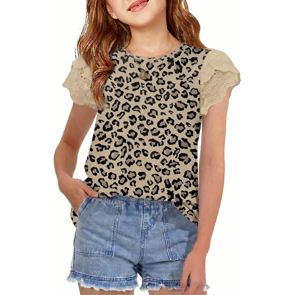 image:imageArshiner Girls T Shirts Lace Petal Short Sleeves Kids Crewneck Casual Blouse Summer Tops TeesLeopard Print