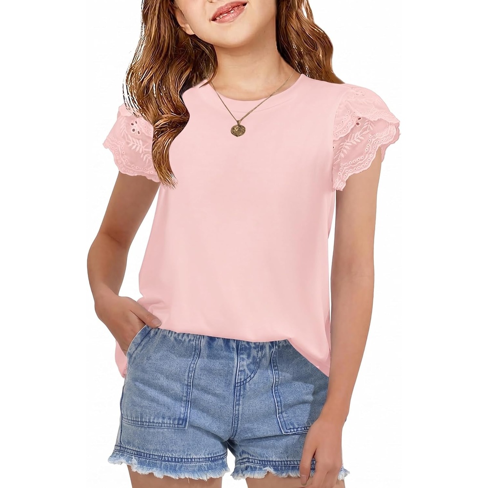 image:imageArshiner Girls T Shirts Lace Petal Short Sleeves Kids Crewneck Casual Blouse Summer Tops TeesLight Pink