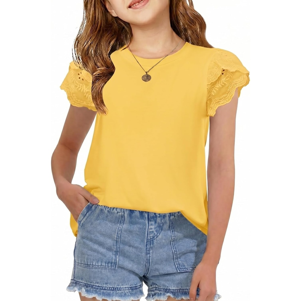 image:imageArshiner Girls T Shirts Lace Petal Short Sleeves Kids Crewneck Casual Blouse Summer Tops TeesYellow