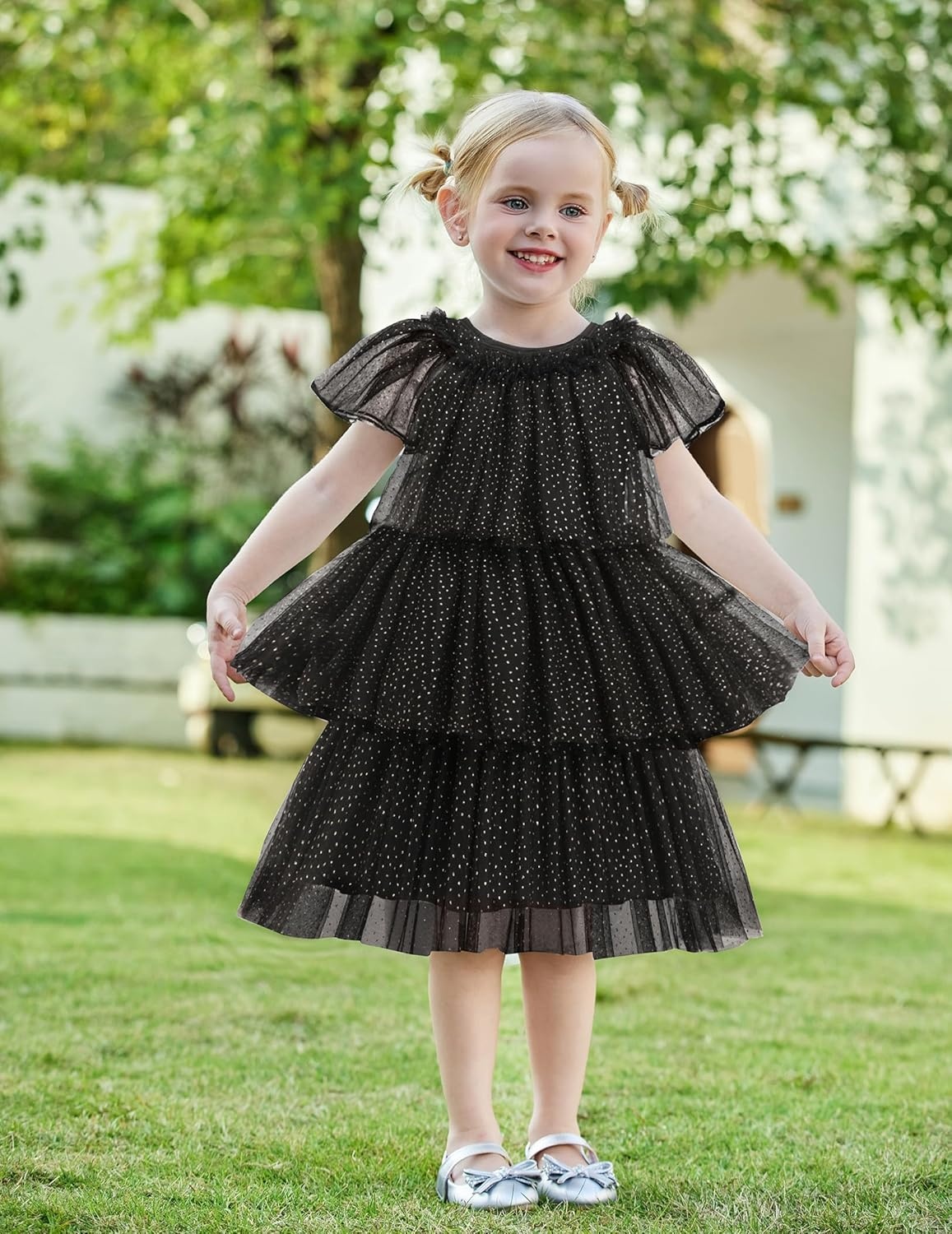 image:imageArshiner Little Girl Dresses Ruffle Sleeves Tiered Tulle Tutu Dress Toddler Girls Summer Fashion Clothes 27TBlack Sequin