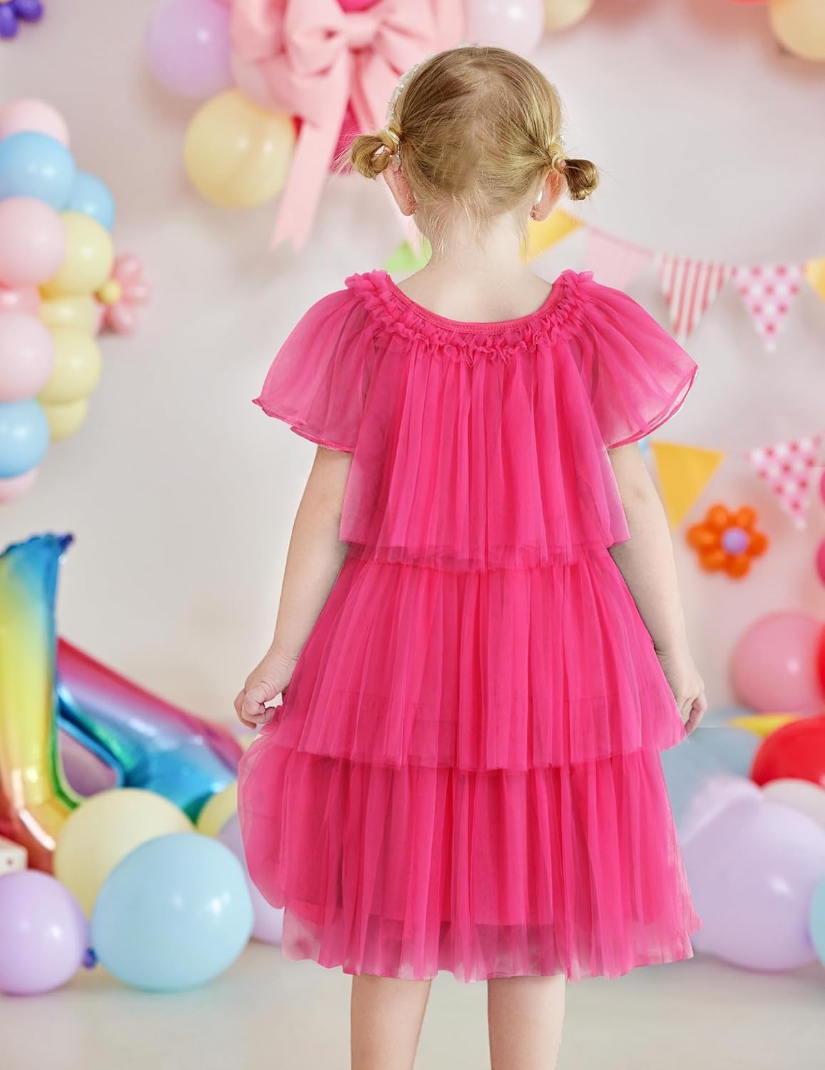 image:imageArshiner Little Girl Dresses Ruffle Sleeves Tiered Tulle Tutu Dress Toddler Girls Summer Fashion Clothes 27TPink