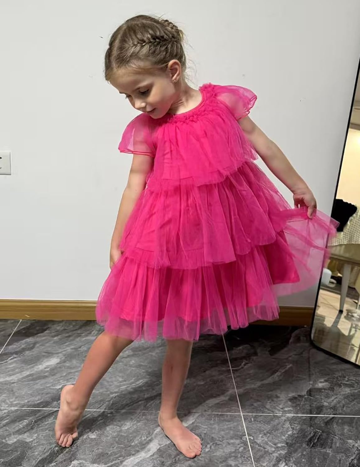 image:imageArshiner Little Girl Dresses Ruffle Sleeves Tiered Tulle Tutu Dress Toddler Girls Summer Fashion Clothes 27TPink