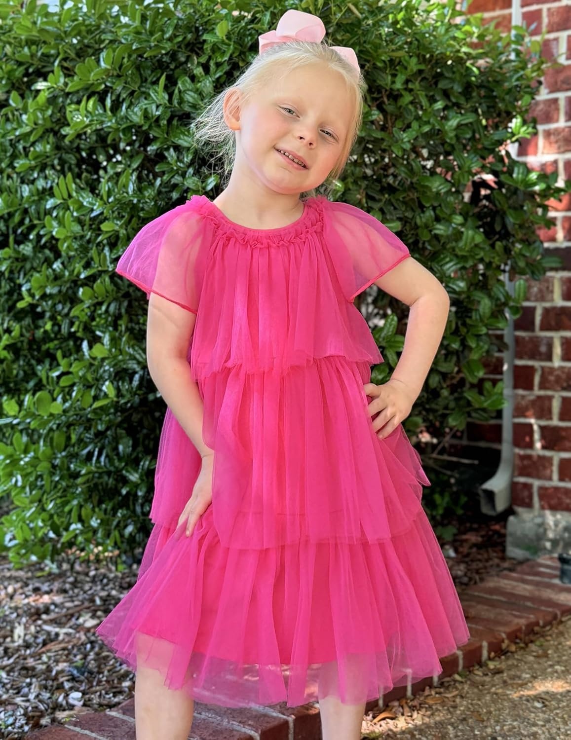 image:imageArshiner Little Girl Dresses Ruffle Sleeves Tiered Tulle Tutu Dress Toddler Girls Summer Fashion Clothes 27TPink