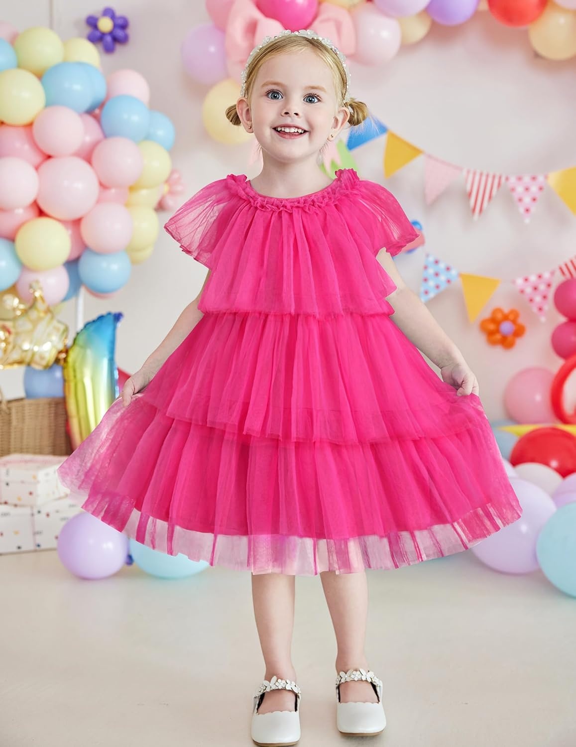 image:imageArshiner Little Girl Dresses Ruffle Sleeves Tiered Tulle Tutu Dress Toddler Girls Summer Fashion Clothes 27TPink