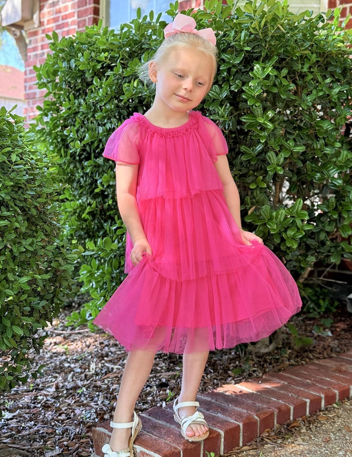 image:imageArshiner Little Girl Dresses Ruffle Sleeves Tiered Tulle Tutu Dress Toddler Girls Summer Fashion Clothes 27TPink