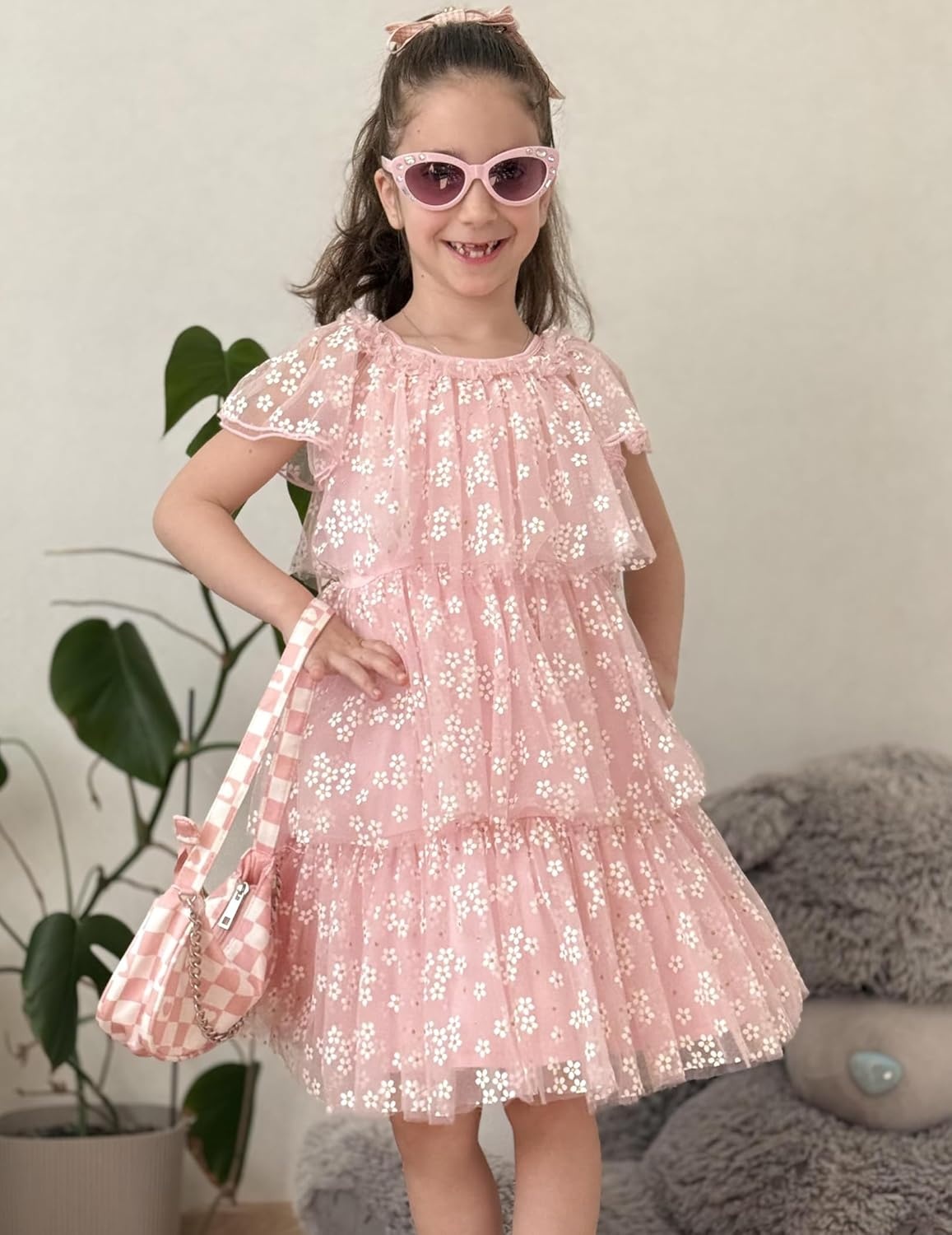 image:imageArshiner Little Girl Dresses Ruffle Sleeves Tiered Tulle Tutu Dress Toddler Girls Summer Fashion Clothes 27TPink Flower
