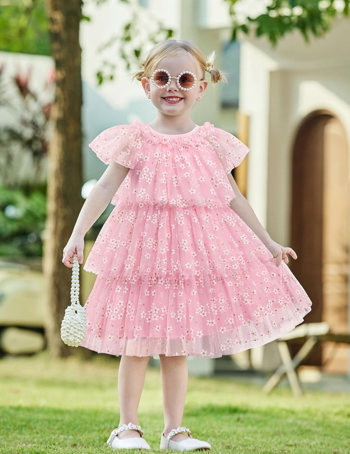 image:imageArshiner Little Girl Dresses Ruffle Sleeves Tiered Tulle Tutu Dress Toddler Girls Summer Fashion Clothes 27TPink Flower