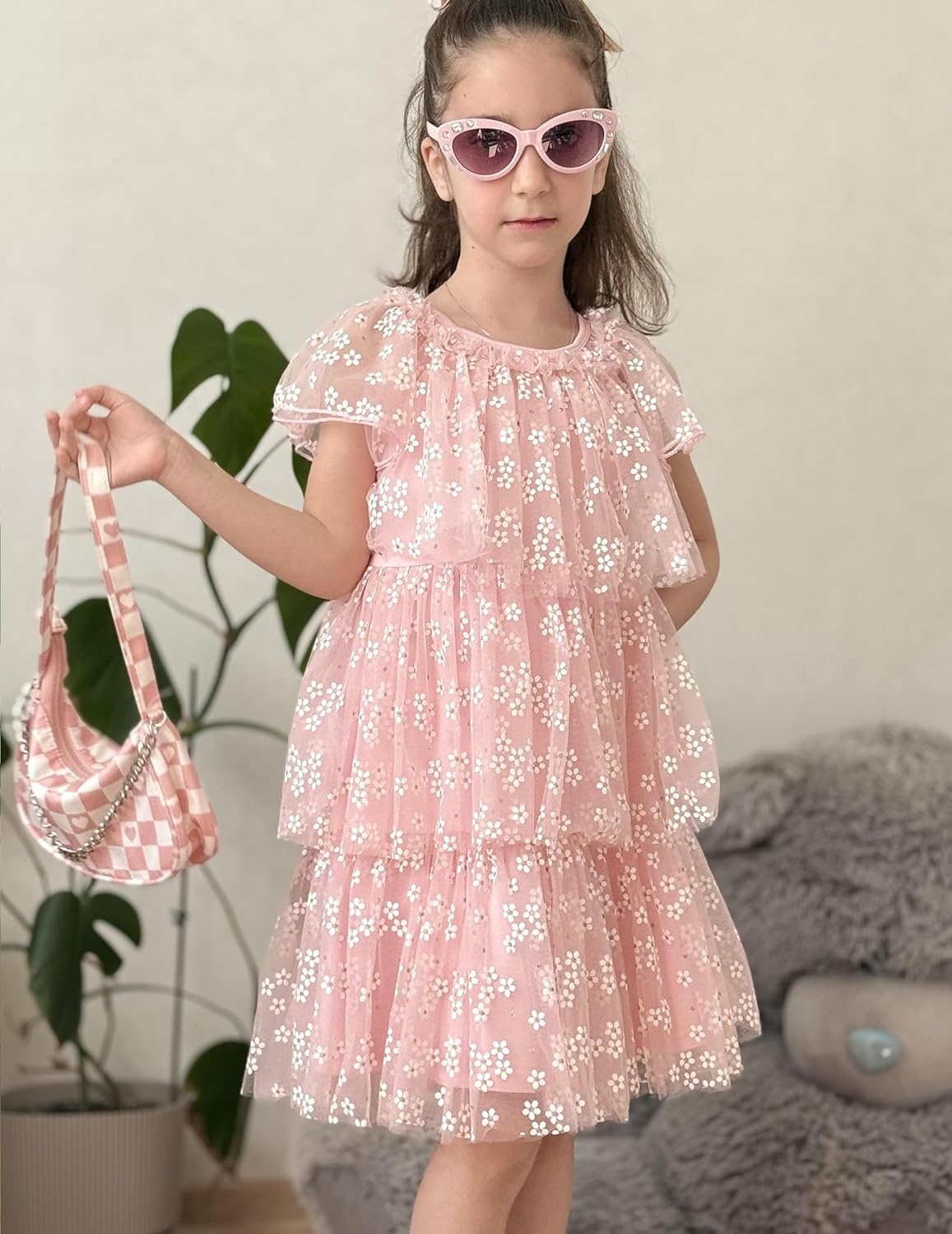 image:imageArshiner Little Girl Dresses Ruffle Sleeves Tiered Tulle Tutu Dress Toddler Girls Summer Fashion Clothes 27TPink Flower