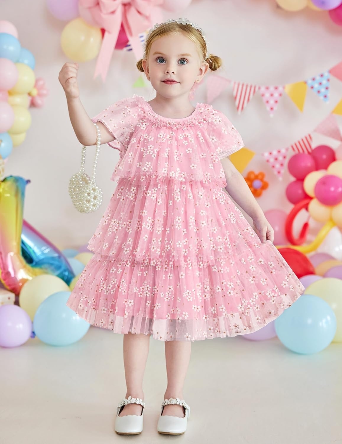 image:imageArshiner Little Girl Dresses Ruffle Sleeves Tiered Tulle Tutu Dress Toddler Girls Summer Fashion Clothes 27TPink Flower