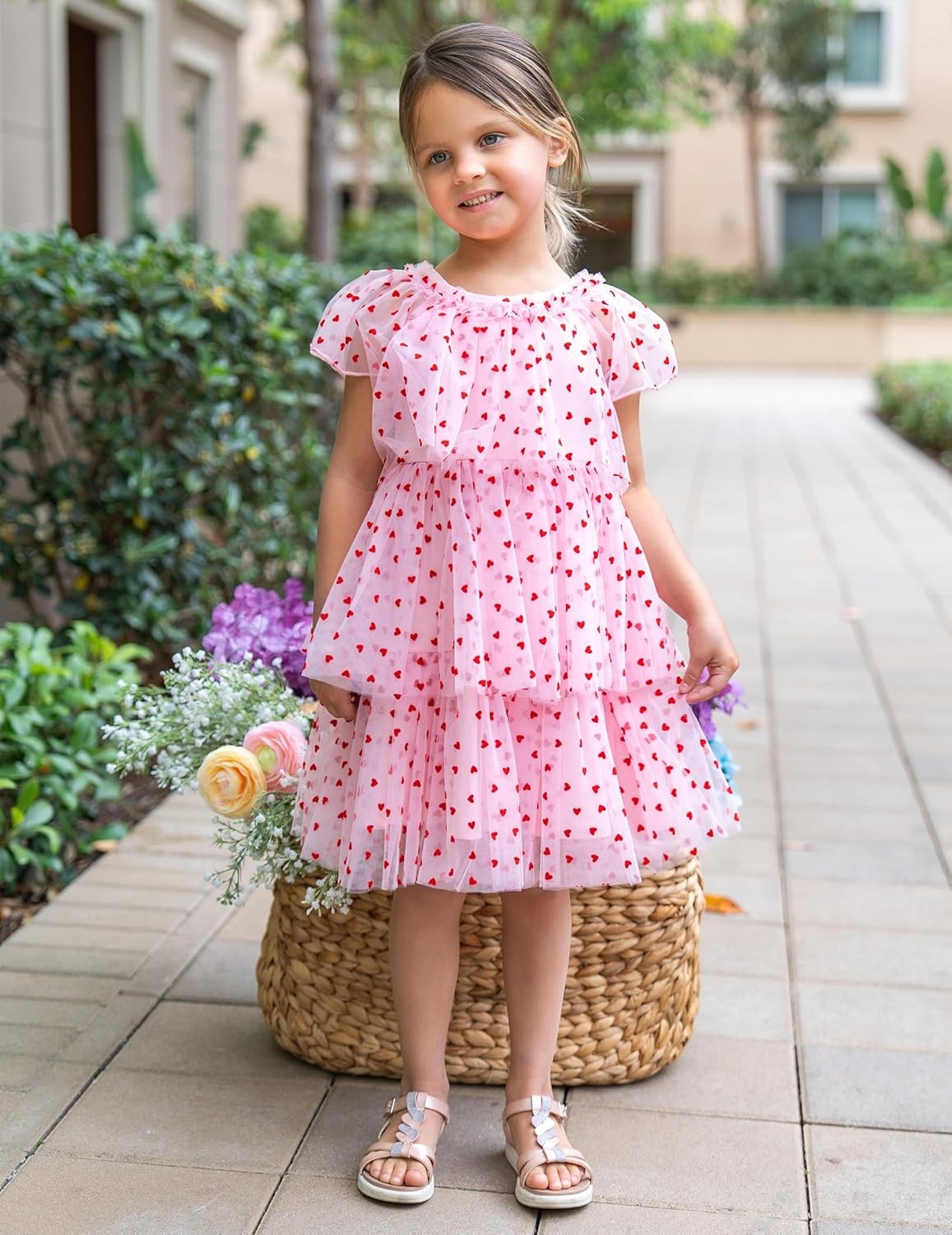 image:imageArshiner Little Girl Dresses Ruffle Sleeves Tiered Tulle Tutu Dress Toddler Girls Summer Fashion Clothes 27TPink Heart