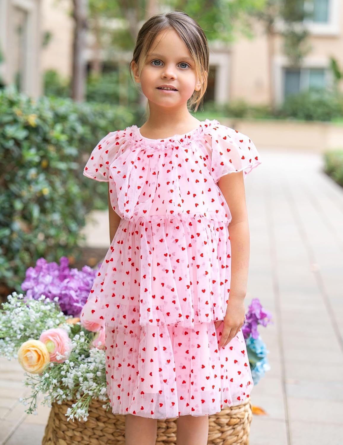 image:imageArshiner Little Girl Dresses Ruffle Sleeves Tiered Tulle Tutu Dress Toddler Girls Summer Fashion Clothes 27TPink Heart