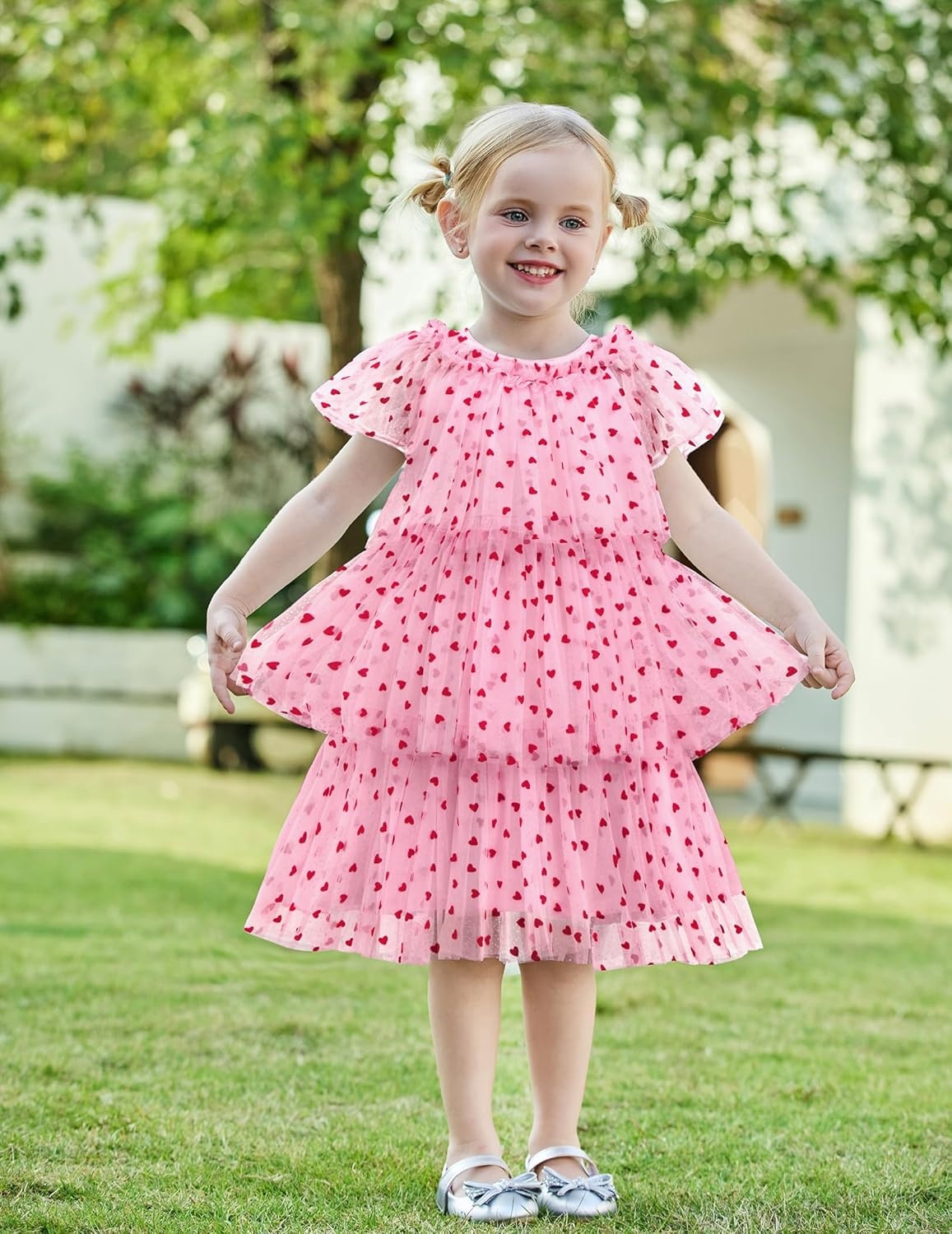 image:imageArshiner Little Girl Dresses Ruffle Sleeves Tiered Tulle Tutu Dress Toddler Girls Summer Fashion Clothes 27TPink Heart