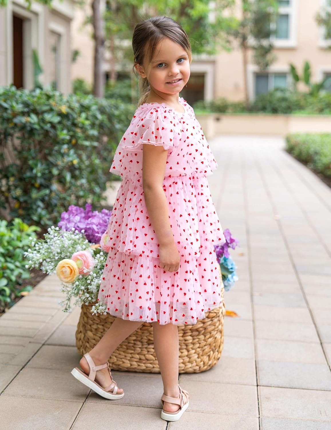 image:imageArshiner Little Girl Dresses Ruffle Sleeves Tiered Tulle Tutu Dress Toddler Girls Summer Fashion Clothes 27TPink Heart