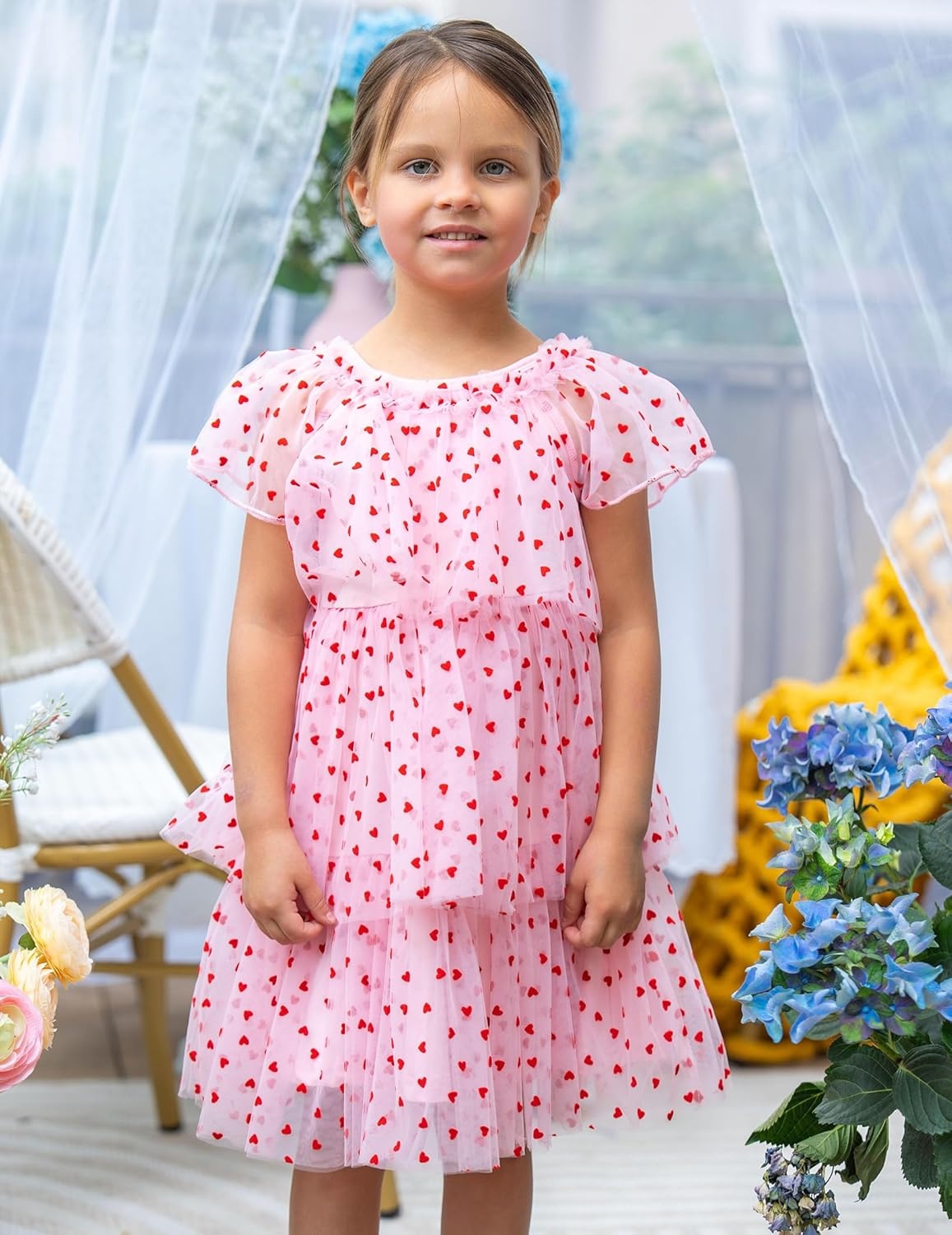 image:imageArshiner Little Girl Dresses Ruffle Sleeves Tiered Tulle Tutu Dress Toddler Girls Summer Fashion Clothes 27TPink Heart