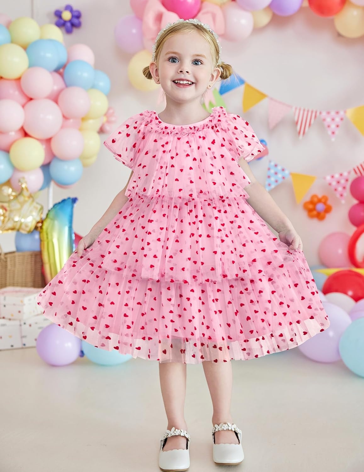 image:imageArshiner Little Girl Dresses Ruffle Sleeves Tiered Tulle Tutu Dress Toddler Girls Summer Fashion Clothes 27TPink Heart