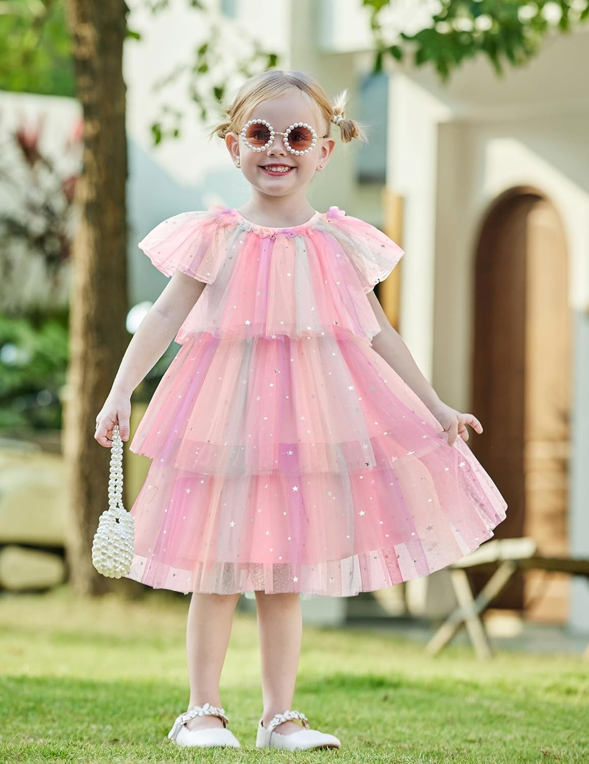 image:imageArshiner Little Girl Dresses Ruffle Sleeves Tiered Tulle Tutu Dress Toddler Girls Summer Fashion Clothes 27TPink Rainbow