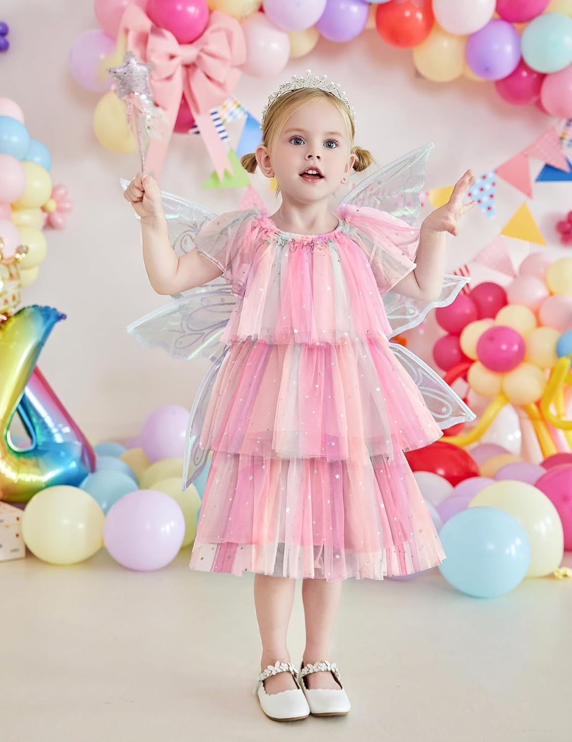image:imageArshiner Little Girl Dresses Ruffle Sleeves Tiered Tulle Tutu Dress Toddler Girls Summer Fashion Clothes 27TPink Rainbow