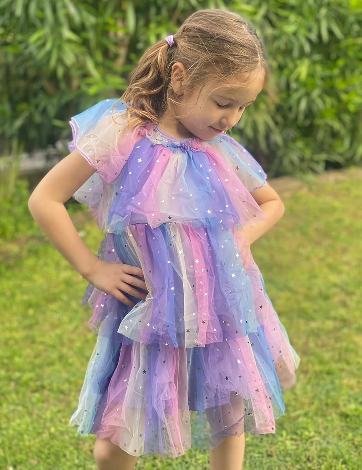 image:imageArshiner Little Girl Dresses Ruffle Sleeves Tiered Tulle Tutu Dress Toddler Girls Summer Fashion Clothes 27TPurple Rainbow