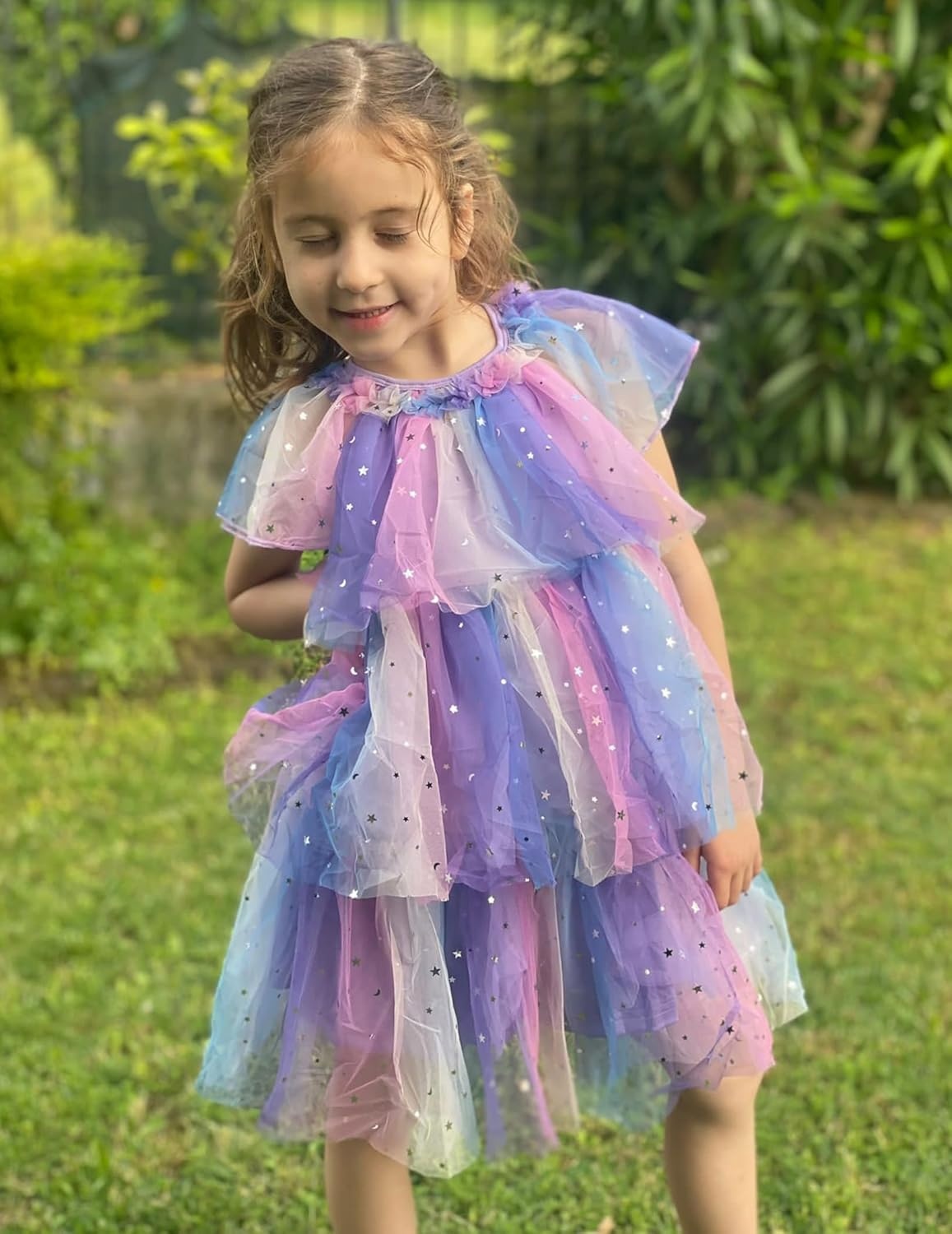 image:imageArshiner Little Girl Dresses Ruffle Sleeves Tiered Tulle Tutu Dress Toddler Girls Summer Fashion Clothes 27TPurple Rainbow