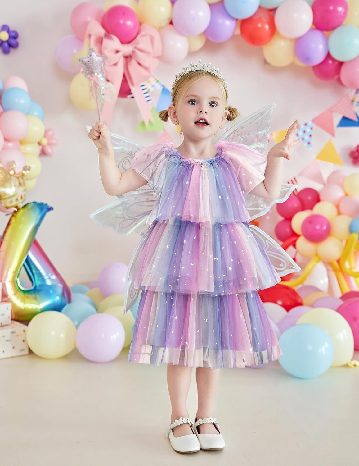 image:imageArshiner Little Girl Dresses Ruffle Sleeves Tiered Tulle Tutu Dress Toddler Girls Summer Fashion Clothes 27TPurple Rainbow