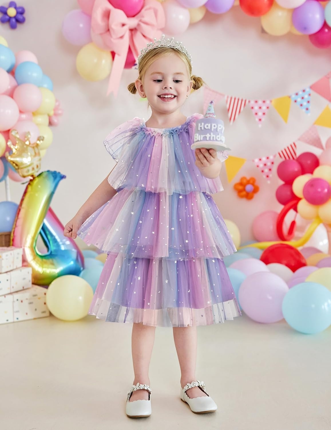 image:imageArshiner Little Girl Dresses Ruffle Sleeves Tiered Tulle Tutu Dress Toddler Girls Summer Fashion Clothes 27TPurple Rainbow