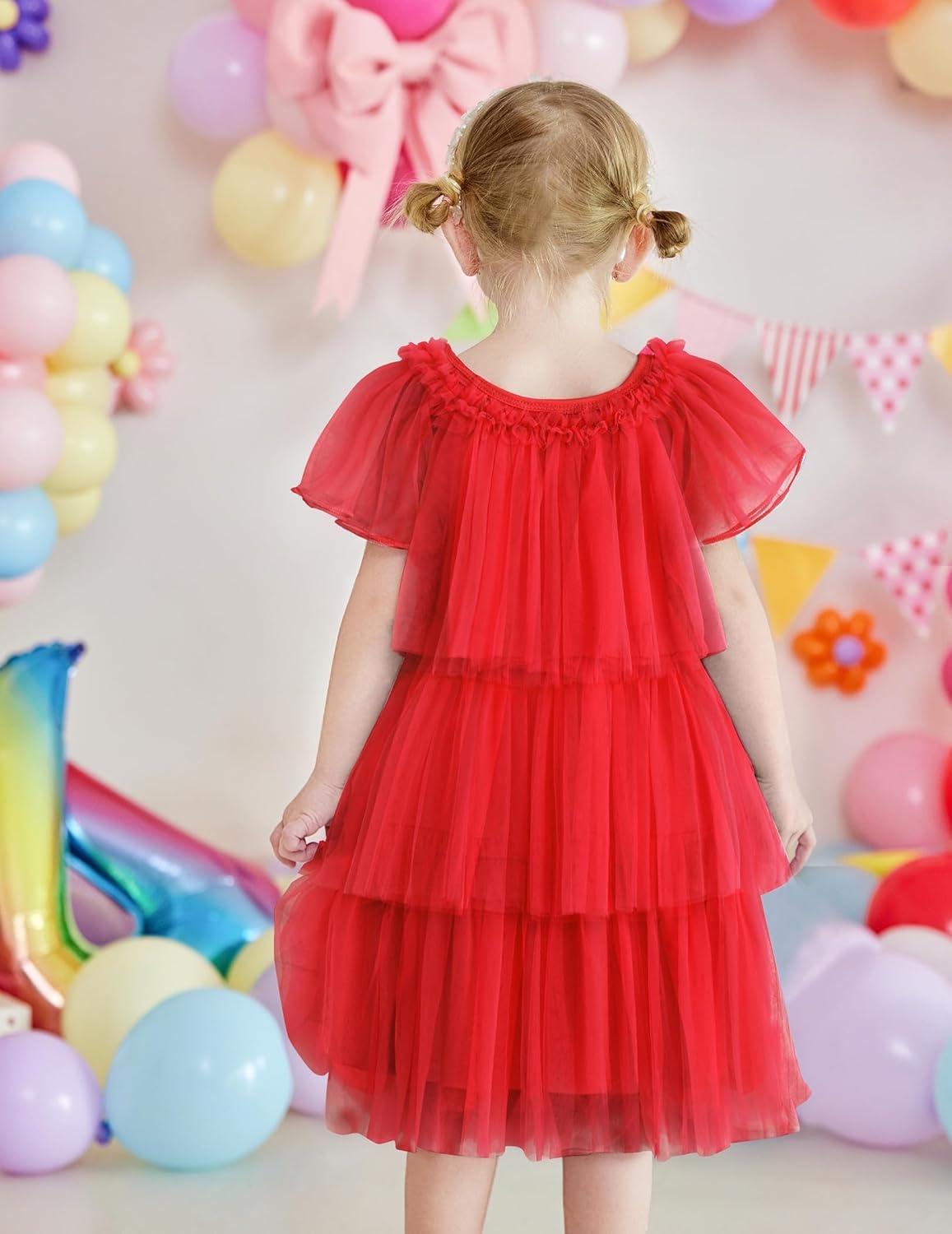 image:imageArshiner Little Girl Dresses Ruffle Sleeves Tiered Tulle Tutu Dress Toddler Girls Summer Fashion Clothes 27TRed