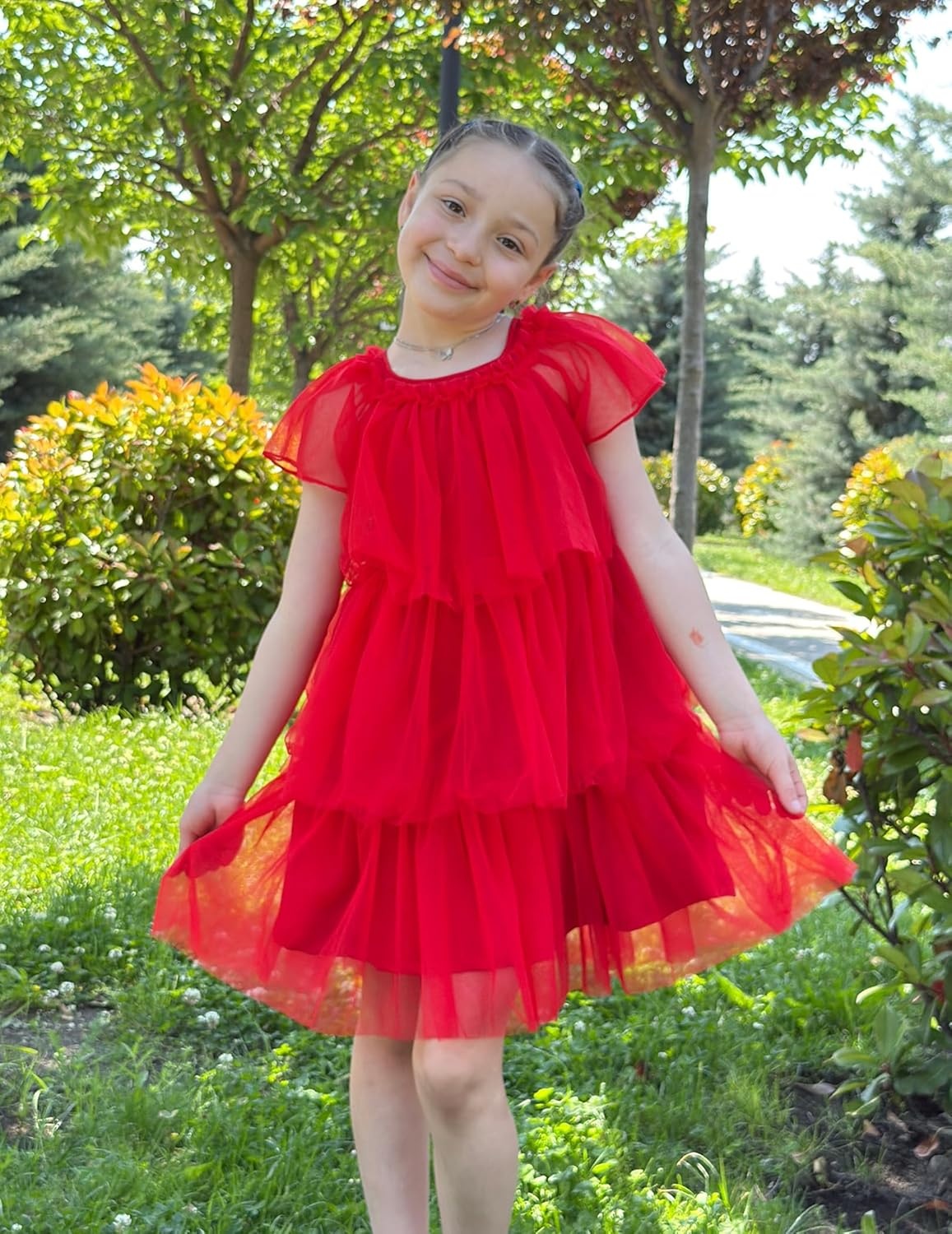 image:imageArshiner Little Girl Dresses Ruffle Sleeves Tiered Tulle Tutu Dress Toddler Girls Summer Fashion Clothes 27TRed