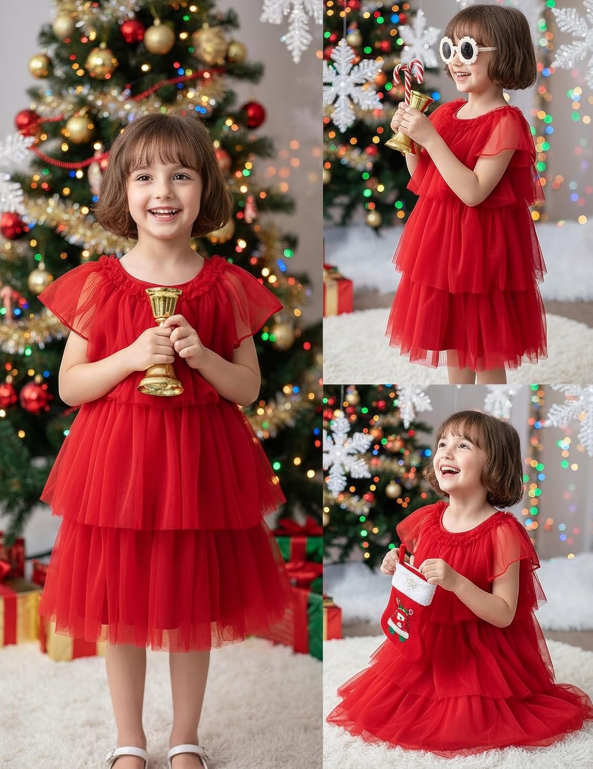 image:imageArshiner Little Girl Dresses Ruffle Sleeves Tiered Tulle Tutu Dress Toddler Girls Summer Fashion Clothes 27TRed