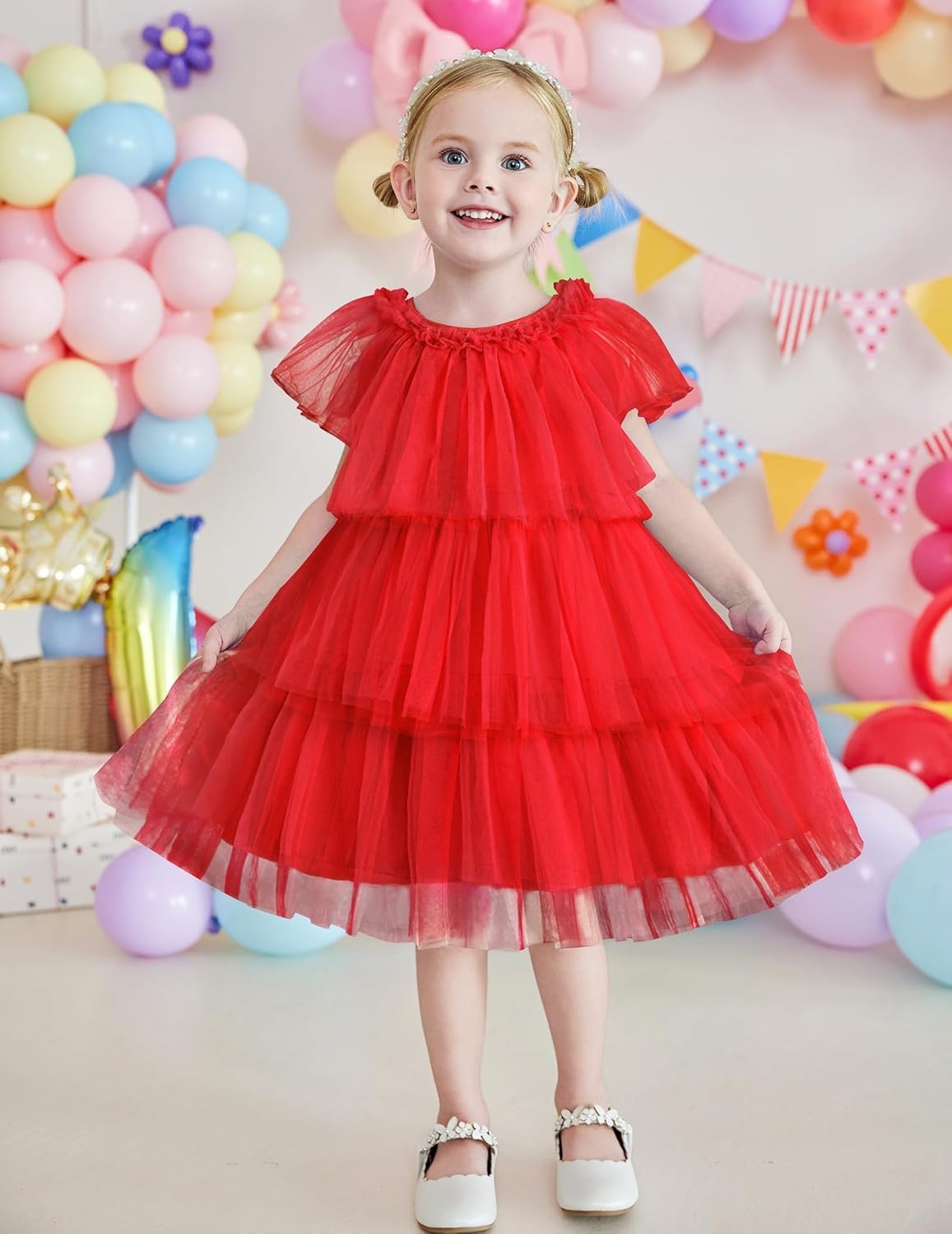 image:imageArshiner Little Girl Dresses Ruffle Sleeves Tiered Tulle Tutu Dress Toddler Girls Summer Fashion Clothes 27TRed