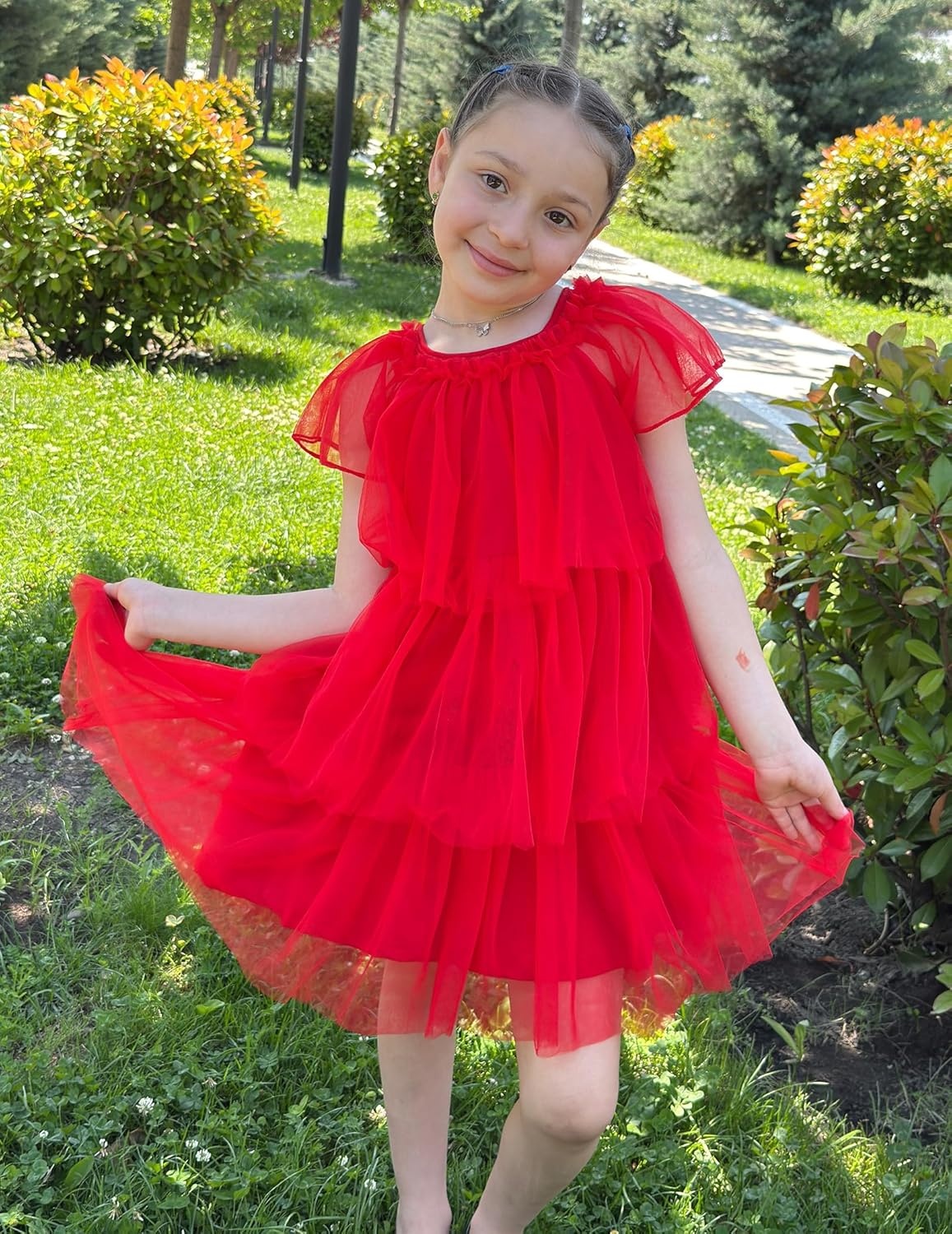 image:imageArshiner Little Girl Dresses Ruffle Sleeves Tiered Tulle Tutu Dress Toddler Girls Summer Fashion Clothes 27TRed