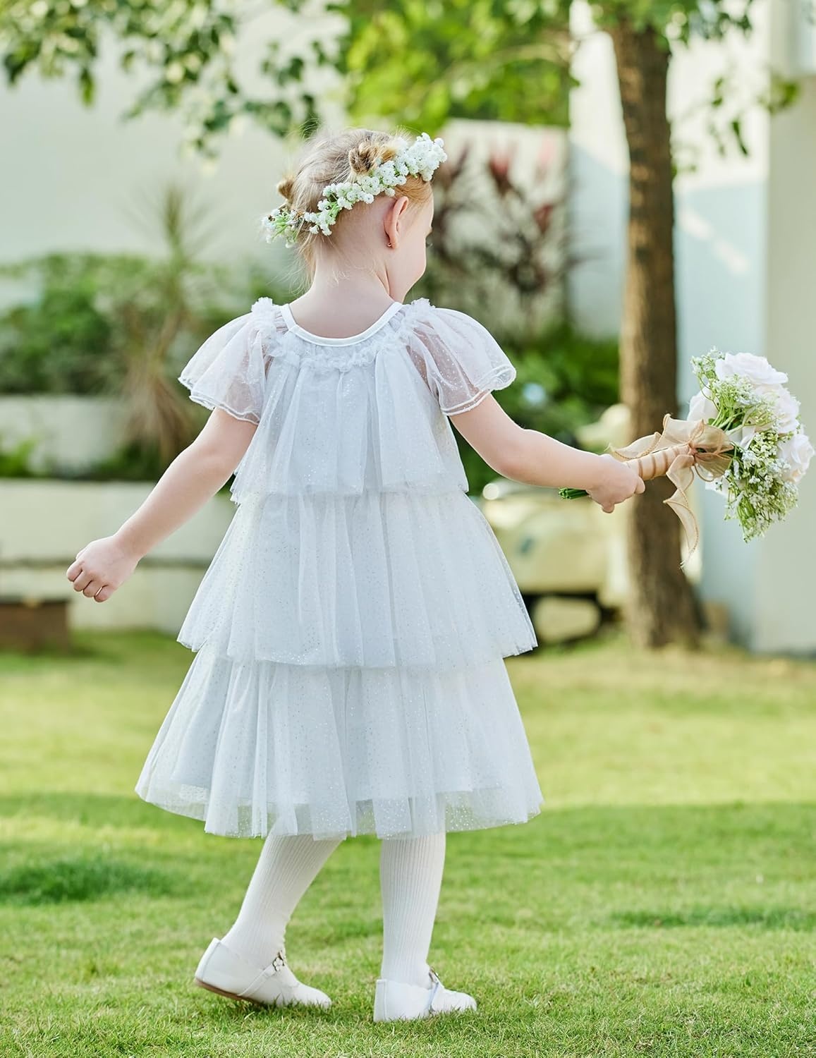 image:imageArshiner Little Girl Dresses Ruffle Sleeves Tiered Tulle Tutu Dress Toddler Girls Summer Fashion Clothes 27TWhite Sequin