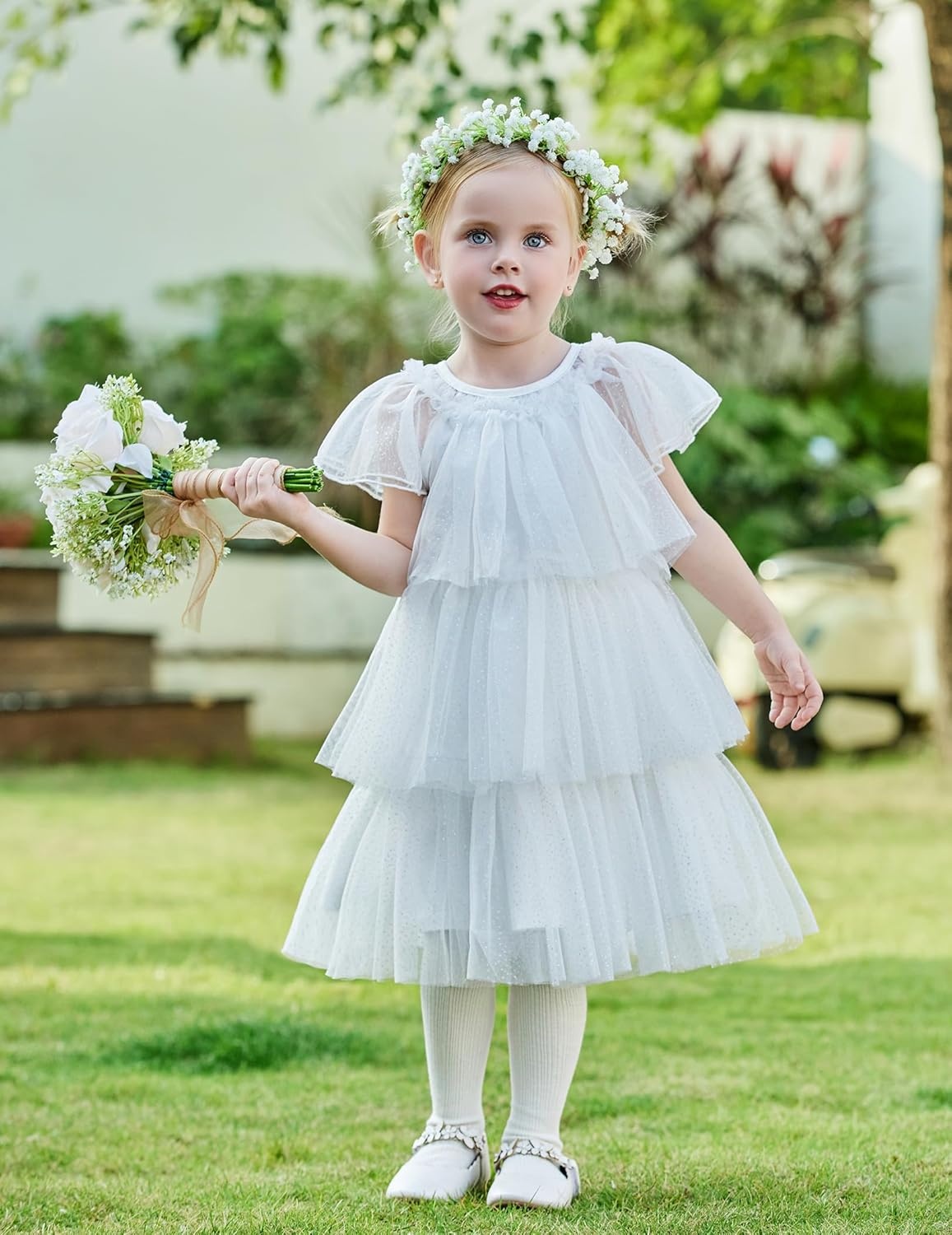 image:imageArshiner Little Girl Dresses Ruffle Sleeves Tiered Tulle Tutu Dress Toddler Girls Summer Fashion Clothes 27TWhite Sequin