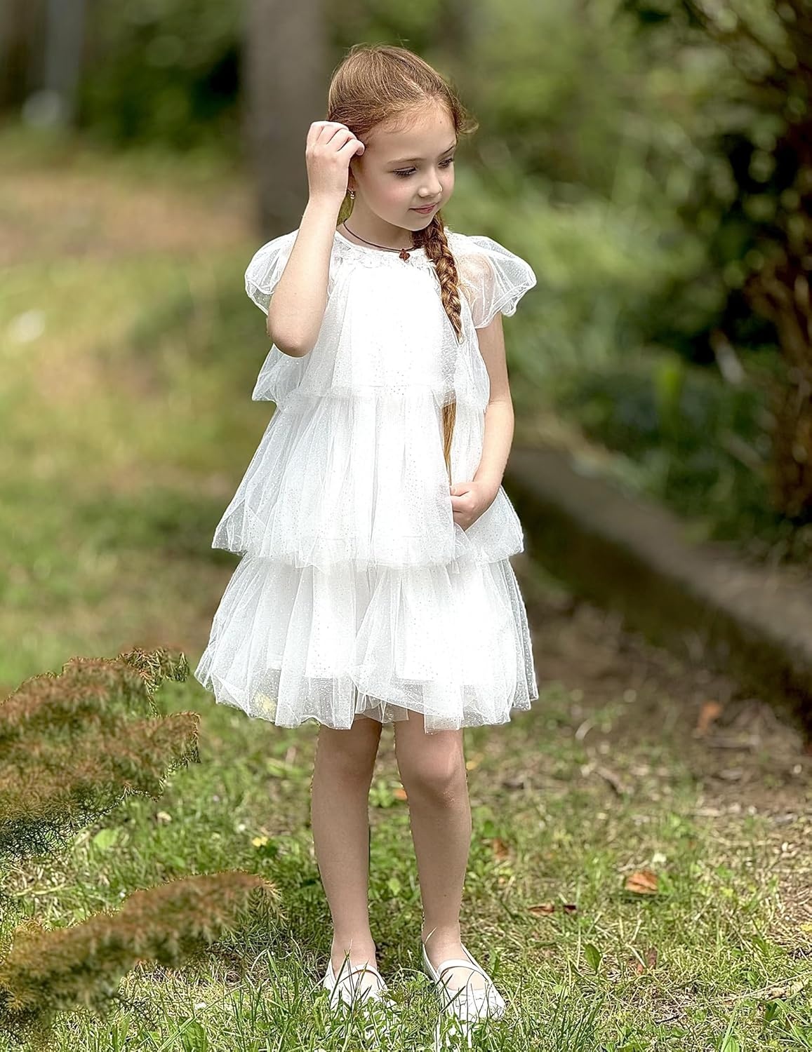 image:imageArshiner Little Girl Dresses Ruffle Sleeves Tiered Tulle Tutu Dress Toddler Girls Summer Fashion Clothes 27TWhite Sequin