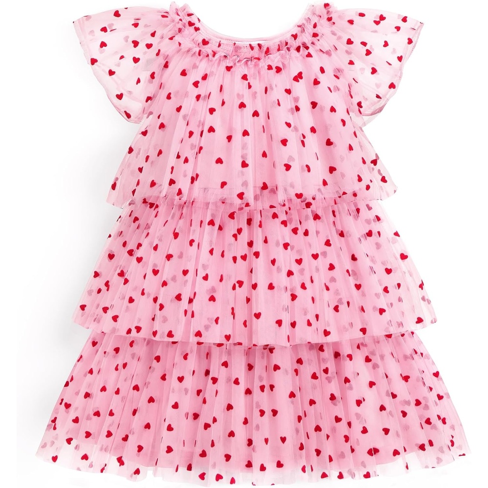 image:imageArshiner Little Girl Dresses Ruffle Sleeves Tiered Tulle Tutu Dress Toddler Girls Summer Fashion Clothes 27TPink Heart