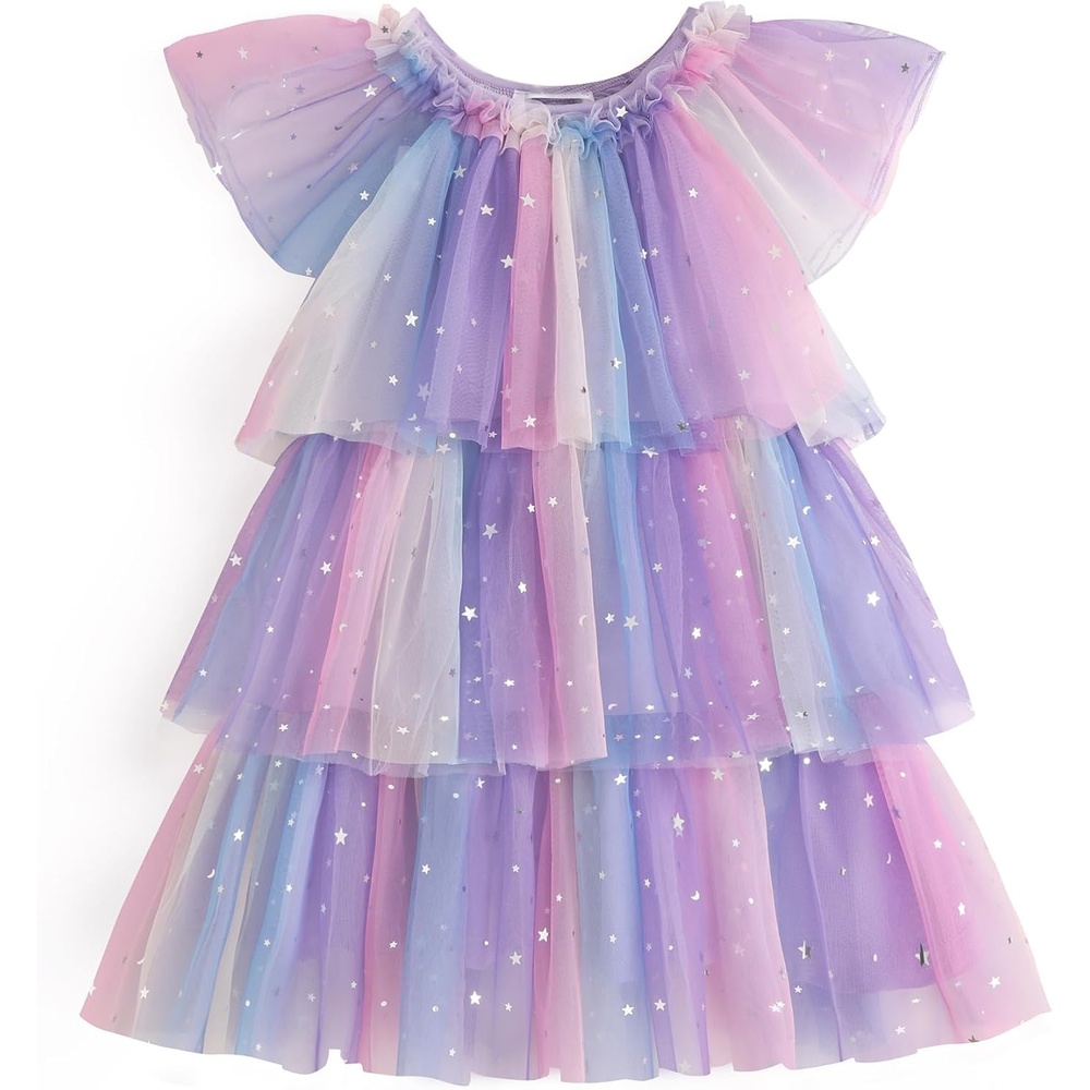 image:imageArshiner Little Girl Dresses Ruffle Sleeves Tiered Tulle Tutu Dress Toddler Girls Summer Fashion Clothes 27TPurple Rainbow