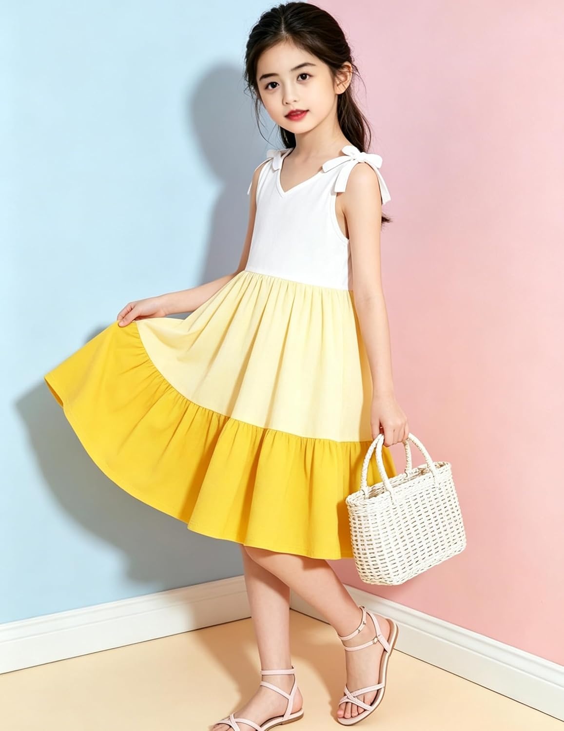 image:imageArshiner Toddler Girl Summer Dress Little Girls Casual Beach Party Bowknot Sling Sundress with Pocket 17tWhitebeigeyellow