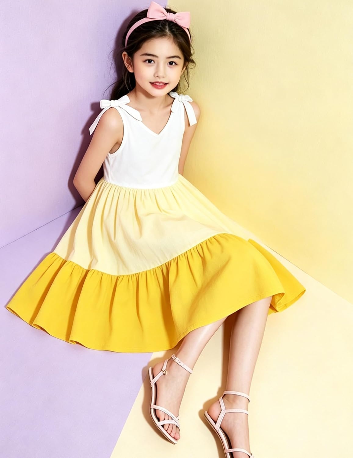 image:imageArshiner Toddler Girl Summer Dress Little Girls Casual Beach Party Bowknot Sling Sundress with Pocket 17tWhitebeigeyellow