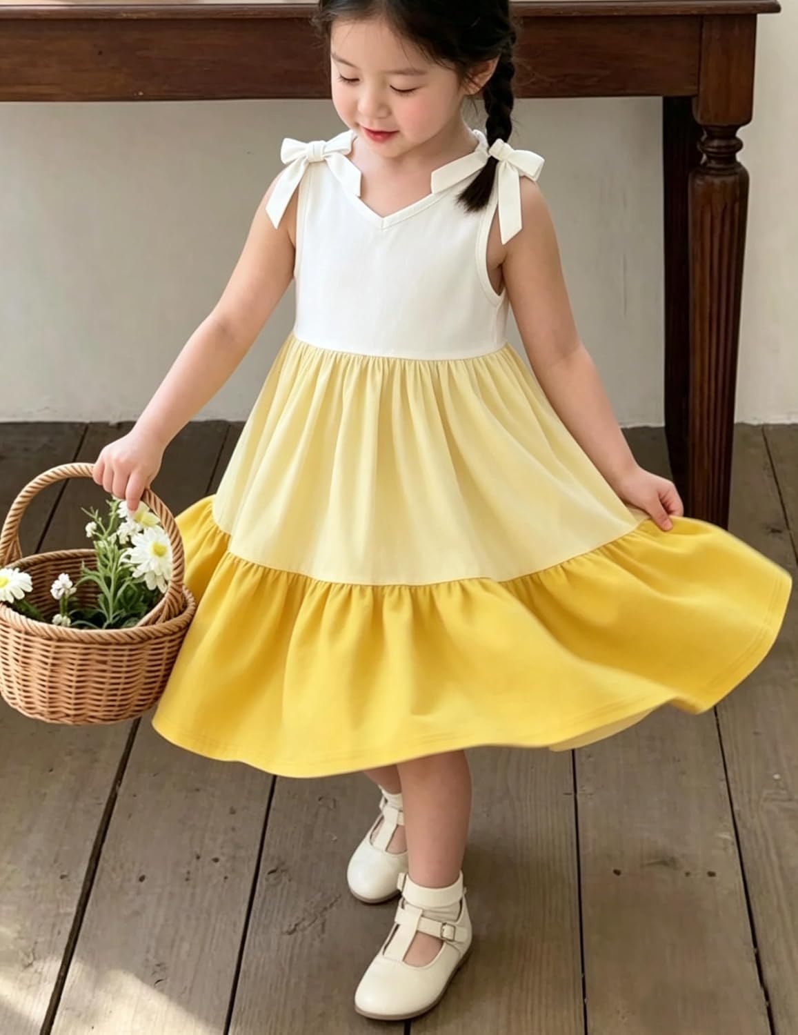image:imageArshiner Toddler Girl Summer Dress Little Girls Casual Beach Party Bowknot Sling Sundress with Pocket 17tWhitebeigeyellow