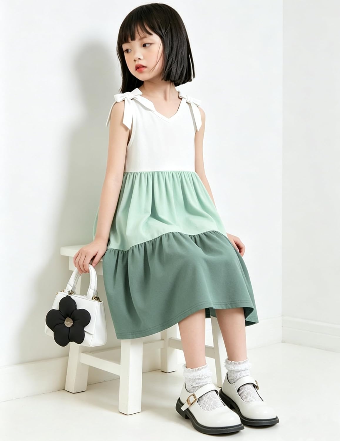 image:imageArshiner Toddler Girl Summer Dress Little Girls Casual Beach Party Bowknot Sling Sundress with Pocket 17tWhitegreengreen