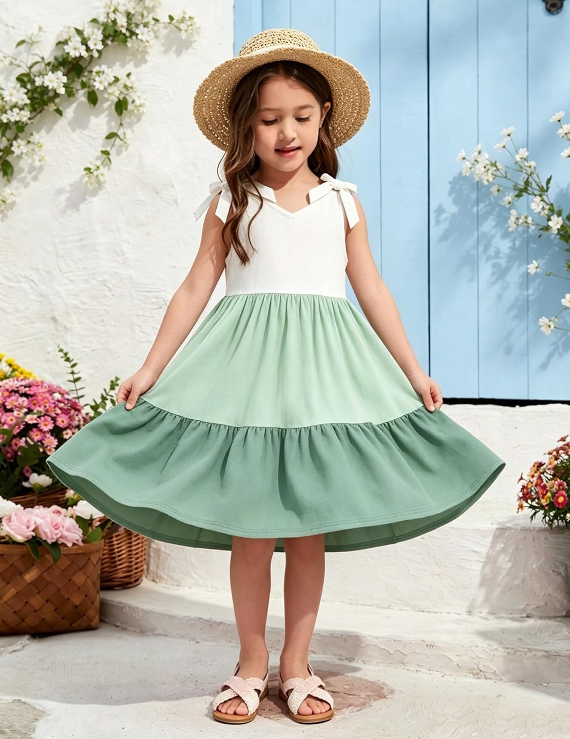 image:imageArshiner Toddler Girl Summer Dress Little Girls Casual Beach Party Bowknot Sling Sundress with Pocket 17tWhitegreengreen