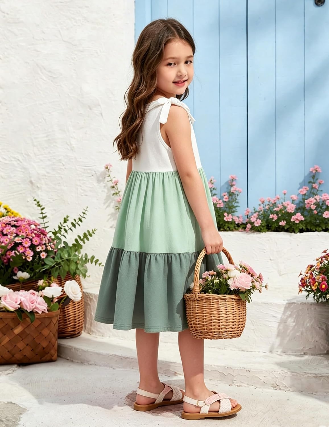 image:imageArshiner Toddler Girl Summer Dress Little Girls Casual Beach Party Bowknot Sling Sundress with Pocket 17tWhitegreengreen