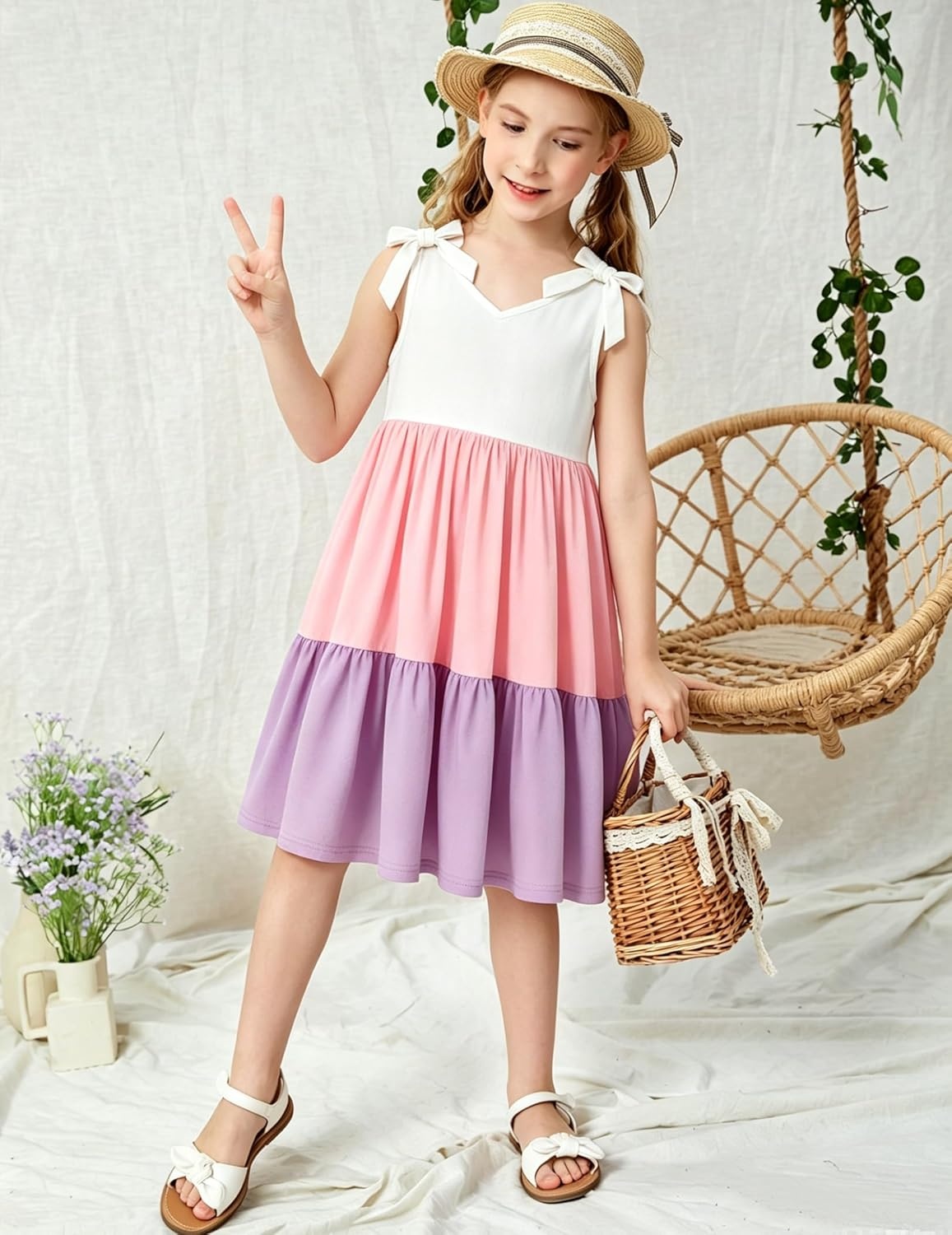 image:imageArshiner Toddler Girl Summer Dress Little Girls Casual Beach Party Bowknot Sling Sundress with Pocket 17tWhitepinkpurple