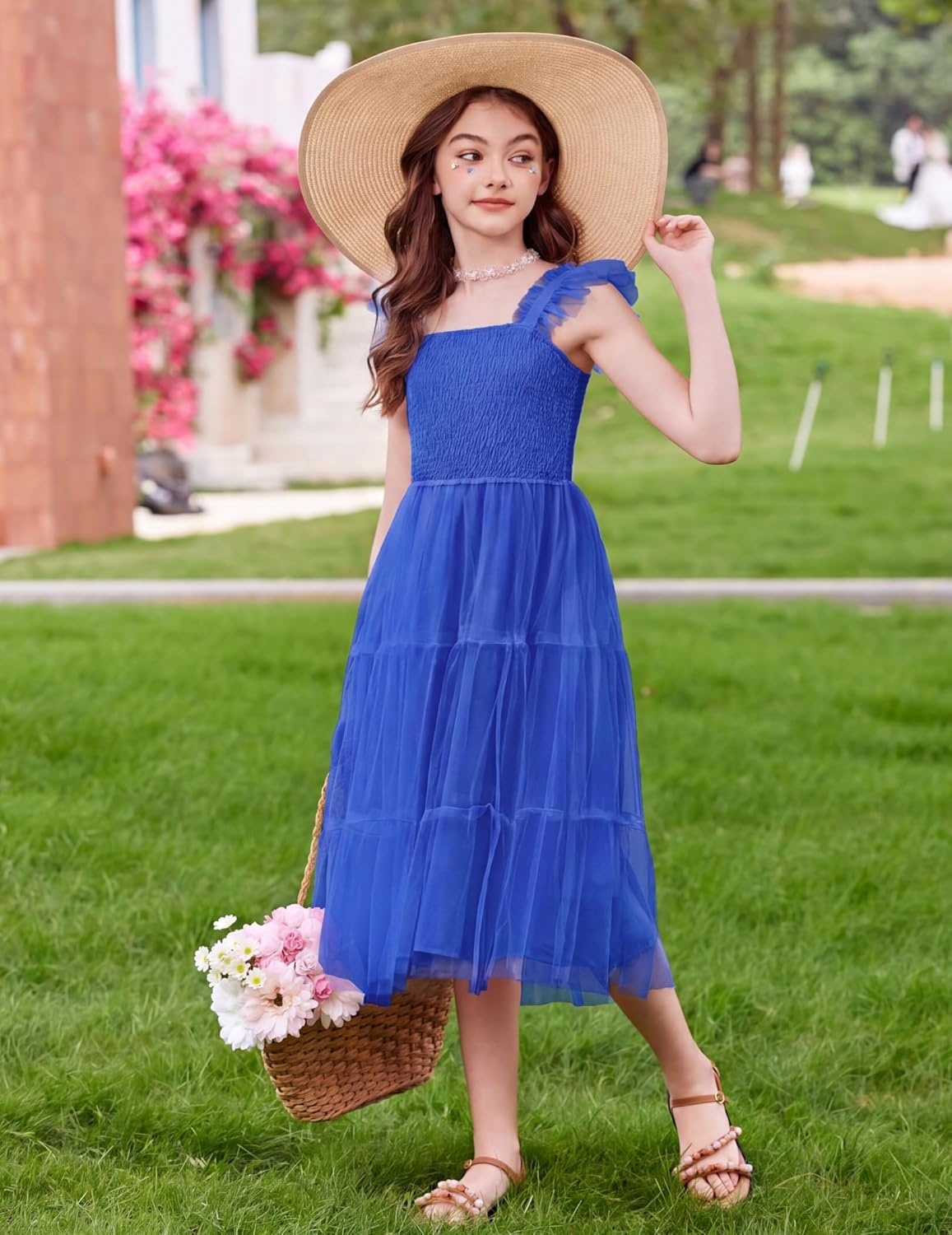 image:imageArshiner Tween Girls Dress Ruffle Sleeve Elastic Straps Smocked ALine Tulle Summer Long Patry Birthday SundressRoyal Blue