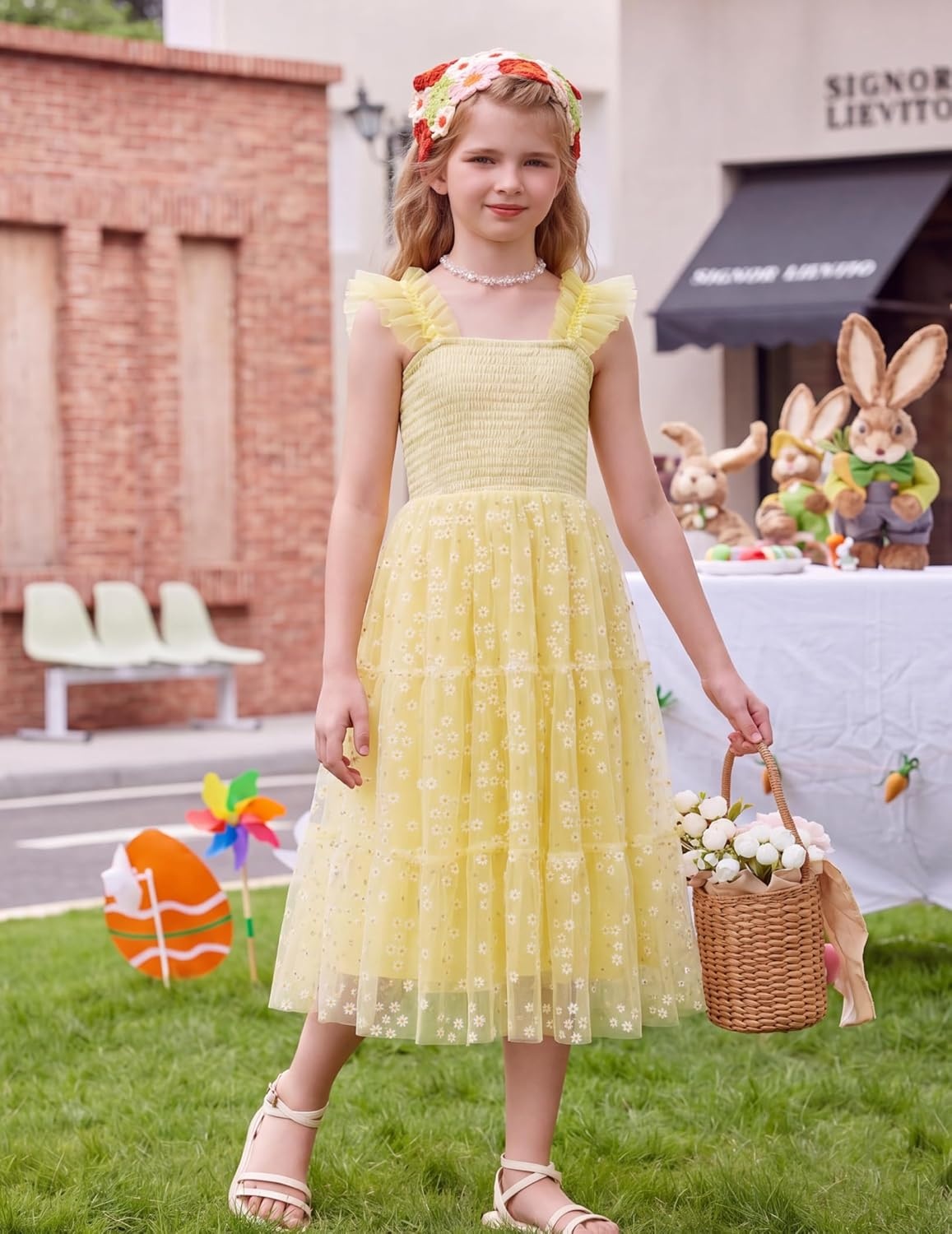 image:imageArshiner Tween Girls Dress Ruffle Sleeve Elastic Straps Smocked ALine Tulle Summer Long Patry Birthday SundressYellow White Plaid